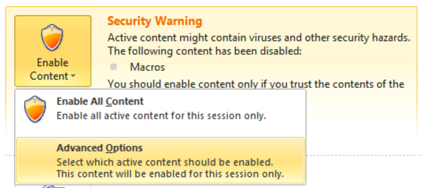 Security Warning, Advanced Options Security Warning, Advanced Options