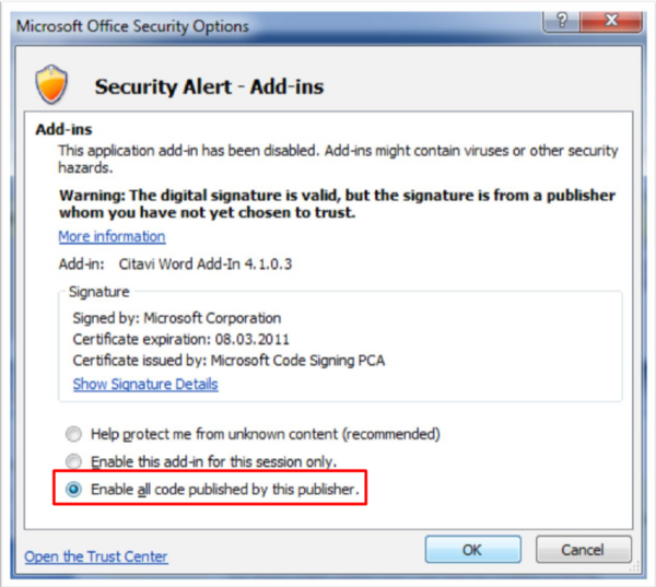 Enable all code published by this publisher Enable all code published by this publisher